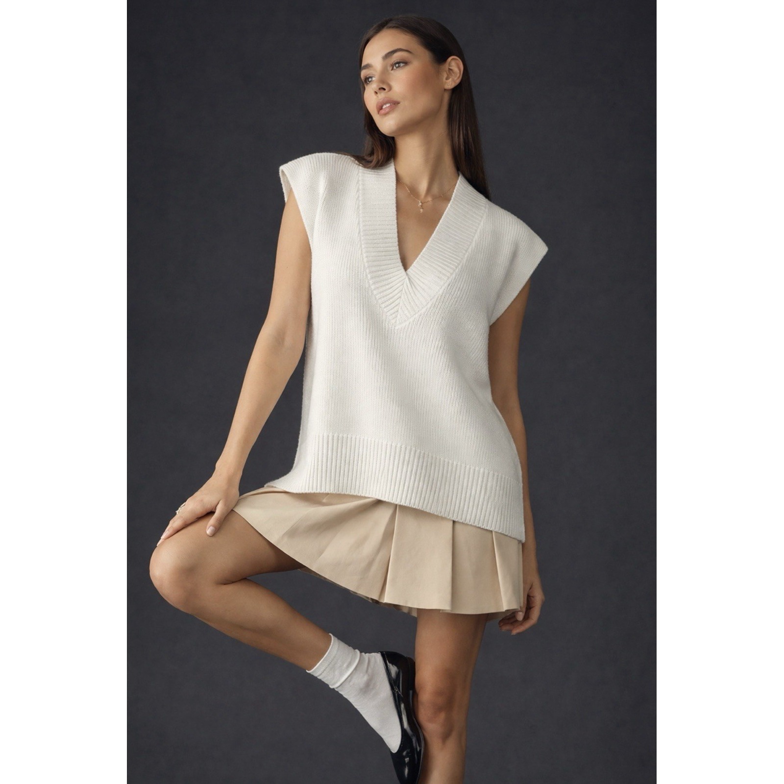 Anthropologie Ivory Ribbed Sweater Vest One Size V Neck Cap Sleeve Knit Top
